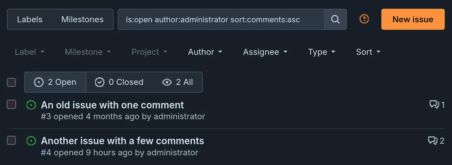 Demonstration of filtering and sorting list of issues with query is:open author:administrator sort:comments:asc