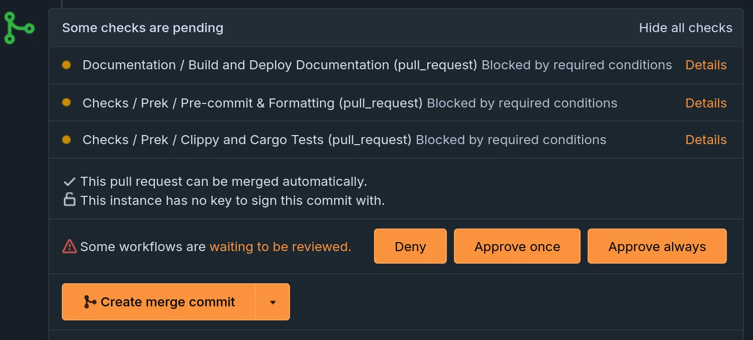 Trust management area. The new UI section says: Some workflows are waiting to be reviewed. Available buttons: Deny, Approve once, Approve always