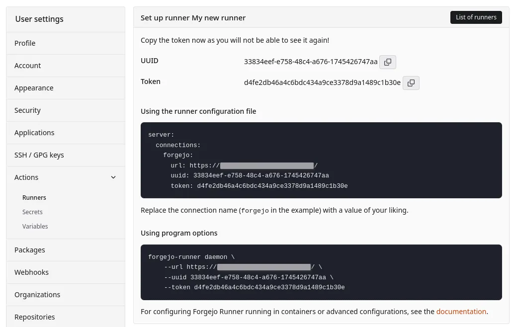 Screenshot showing a created runner