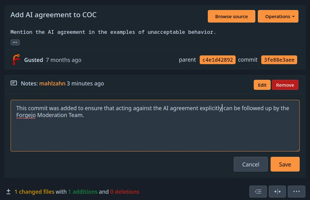 Screenshot demonstrating the form to edit a git note on an existing commit