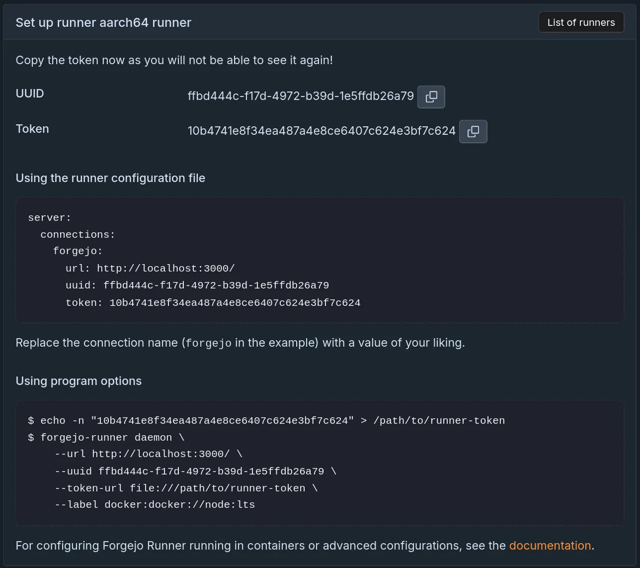 Screenshot of instructions on how to update runner configuration to connect it to Forgejo