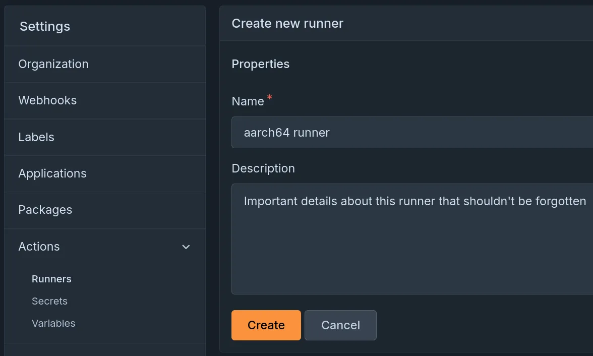 Screenshot of a form used to create a new runner. Fields: name and optional description