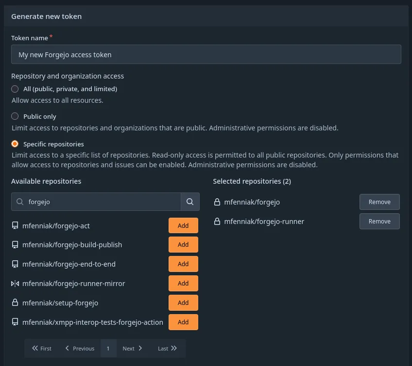 Screenshot of a form for generating an access token. With "Specific repositories" option being selected, an additional menu to select the repositories is available