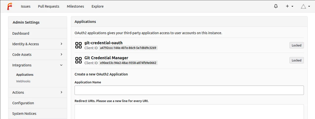 pre-registered Git credential applications