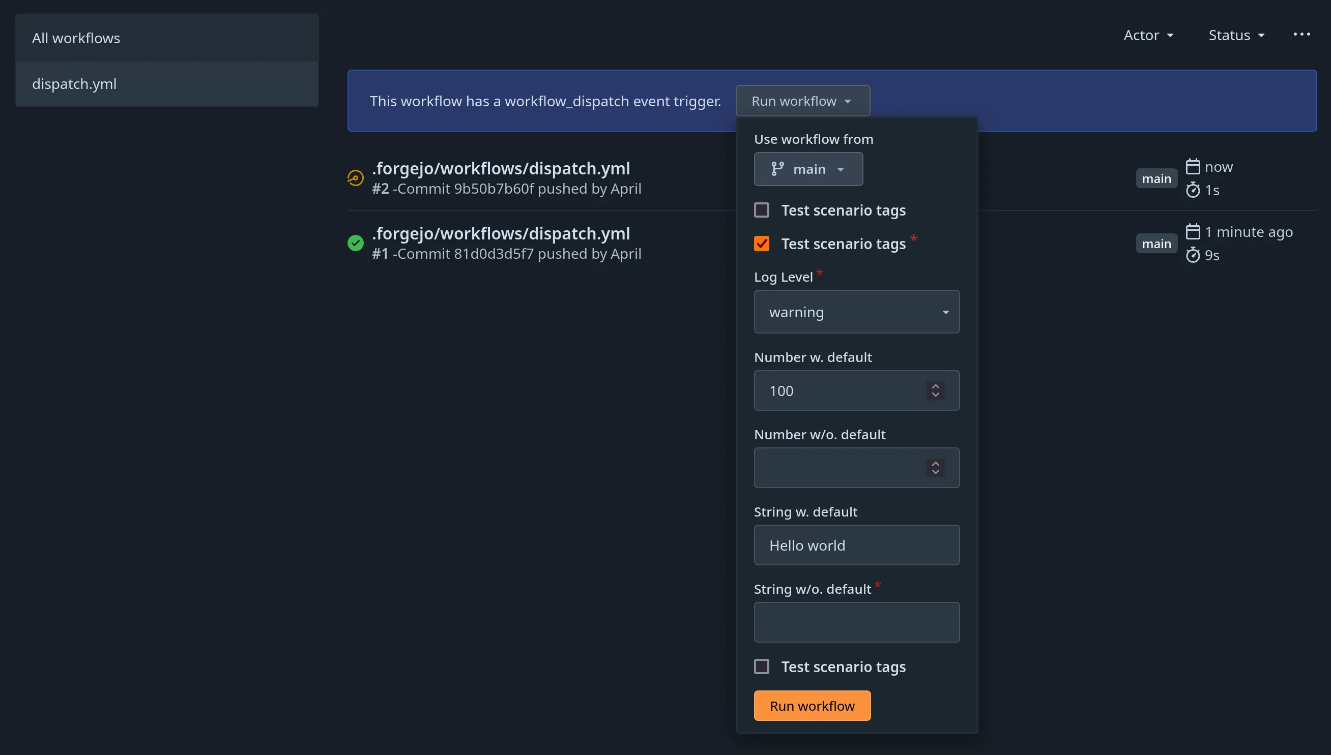 Page showing Forgejo Actions&#x27; workflow dispatch feature in a drop-down menu titled &#x27;Run workflow&#x27;