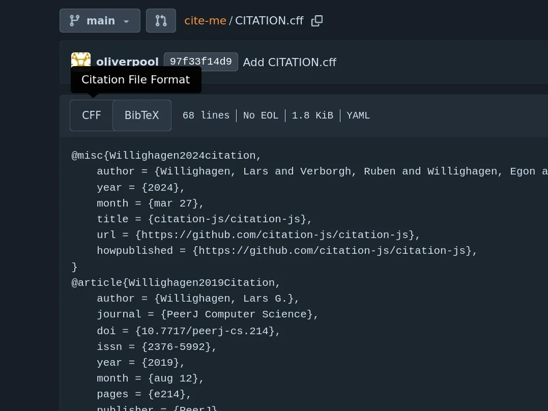 View of the BibTex version of a CFF (Citation File Format), with the format switcher visible in the top-left
