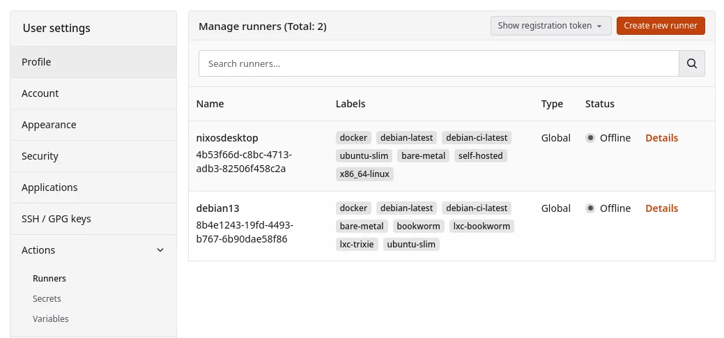 Screenshot showing runner list page