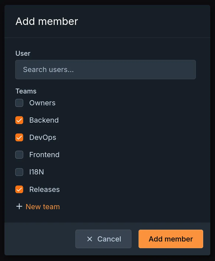 Modal dialog with options to search for a user to add and checkboxes with corresponding teams to add a user to